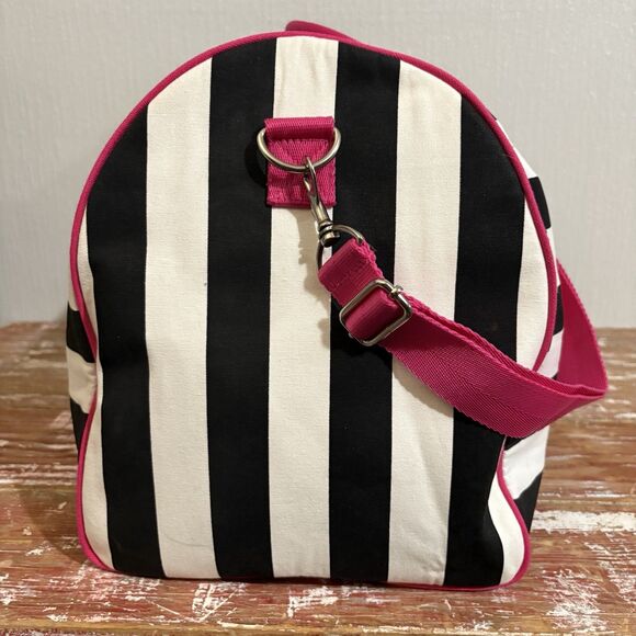 Y2K 2000s Victoria’s Secret Pink Duffle Bag Weekender Black White Stripe Strap - Picture 5 of 14